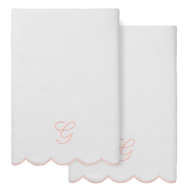 Authentic Hotel and Spa 100% Turkish Cotton Pink ADORNIA Scallop Personalized 2 Piece Bath Towel Set - 2 Bath Towels - G
