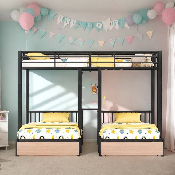 slide 2 of 26, Triple Bunk Bed With Drawers,Full Over Twin & Twin,Multi-Functional Metal Frame Bed With Desks And Shelves In The Middle White