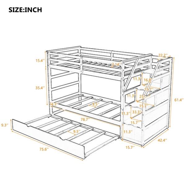 Wood Bunk Bed with Twin Trundle and 3 Storage Stairs, Grey
