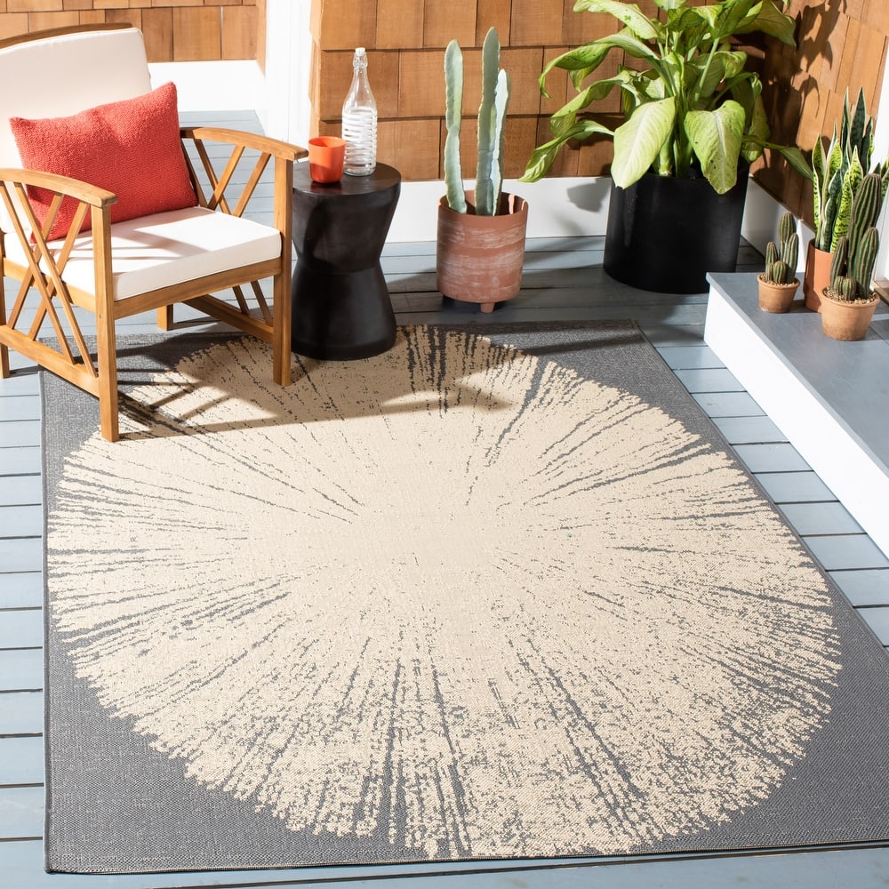 SAFAVIEH Courtyard Roksanda Waterproof Transitional - Dark Grey/Beige Rug