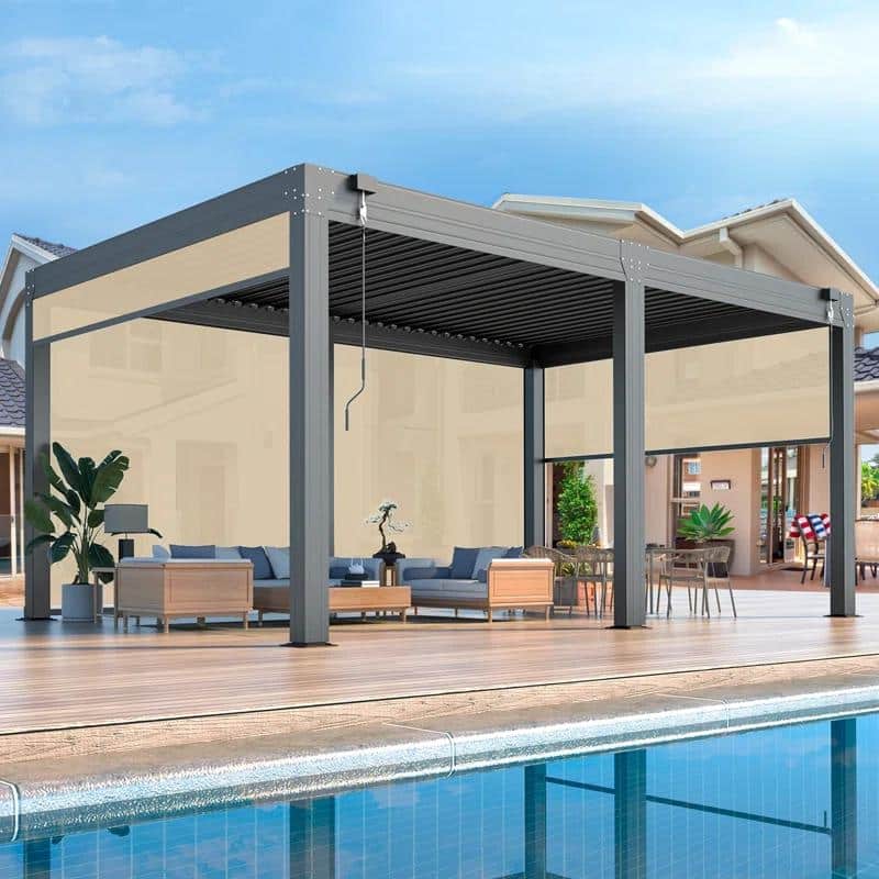 EROMMY Outdoor Louvered Pergola Gazebo with Adjustable Aluminum Rainproof Roof and Pull-Down Screen