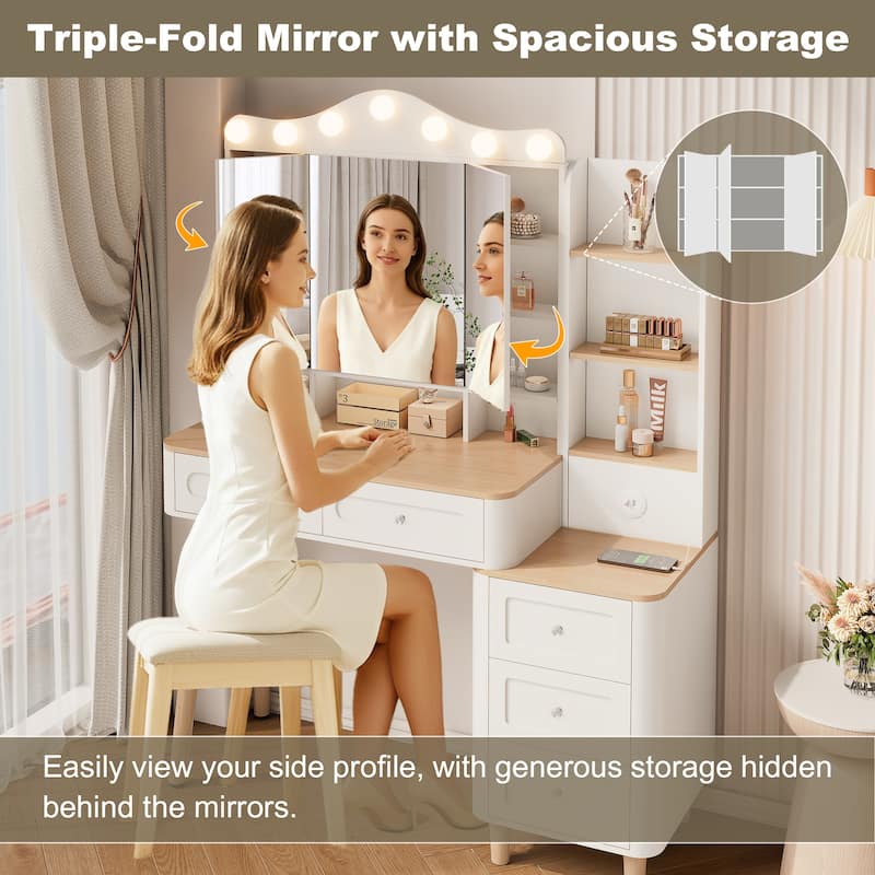 Makeup Vanity Desk with Tri-Fold LED Mirror, USB Charging Ports, 2 Drawers and 3-Drawer Chest