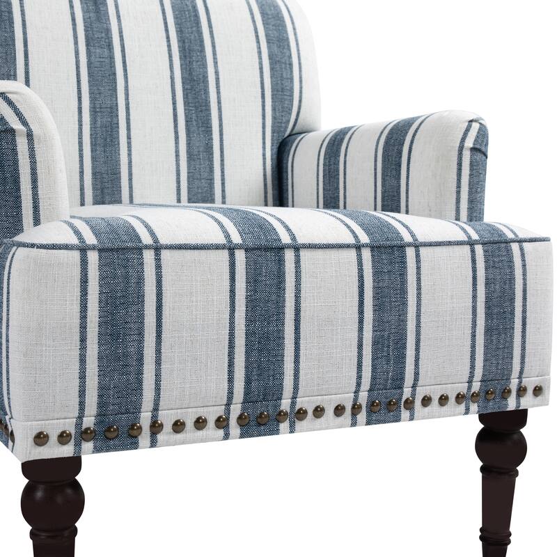 Striped Upholstered Linen Armchair with Brass Nailhead Trim