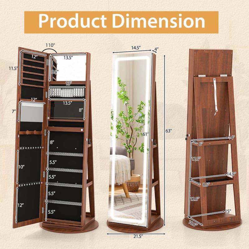 Costway 360° Swivel Jewelry Cabinet Organizer 3-Color LED Mirror with - See Details