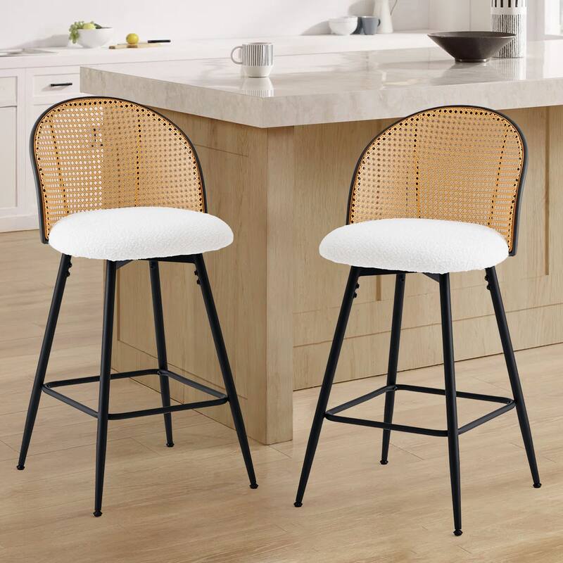 Upholstered Swivel Counter/ Bar Stools with Rattan Back