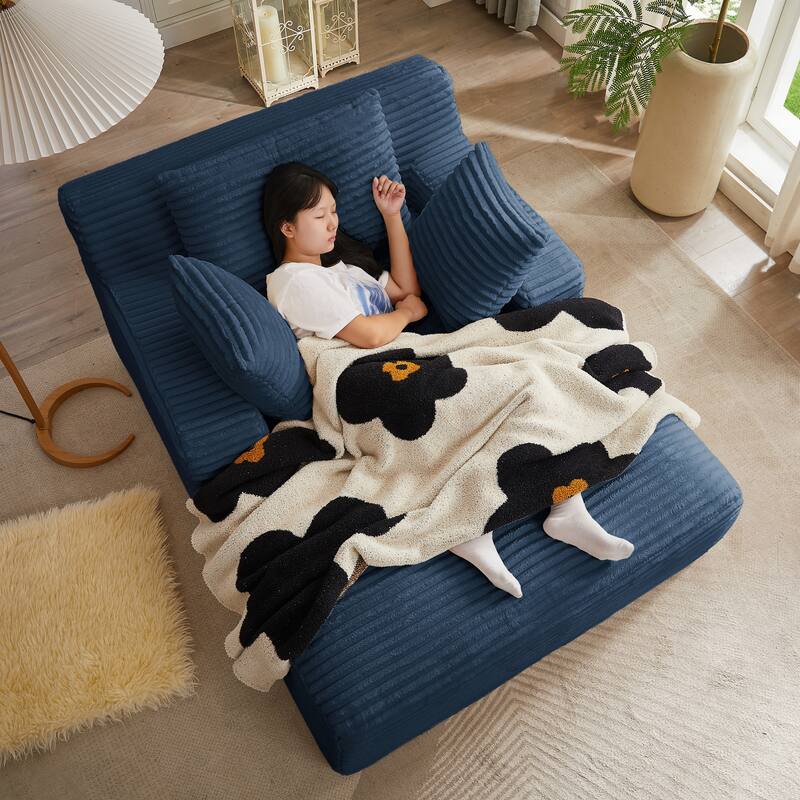 Lazy Sofa Chair Single Chaise Lounge Corduroy Upholstered Sleeper Sofa Ergonomic Couch Chair with Full Foam Cushion and Pillows - Blue