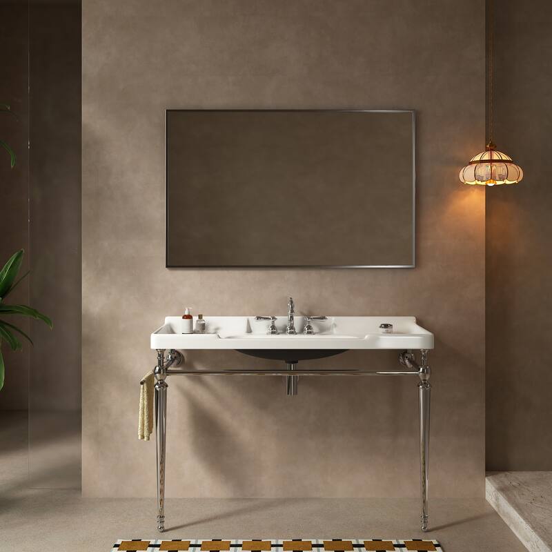 48" Wall-Mounted Bathroom Console Sink - Ceramic Vanity Basin with Stainless Steel Legs & Towel Bar - Silver