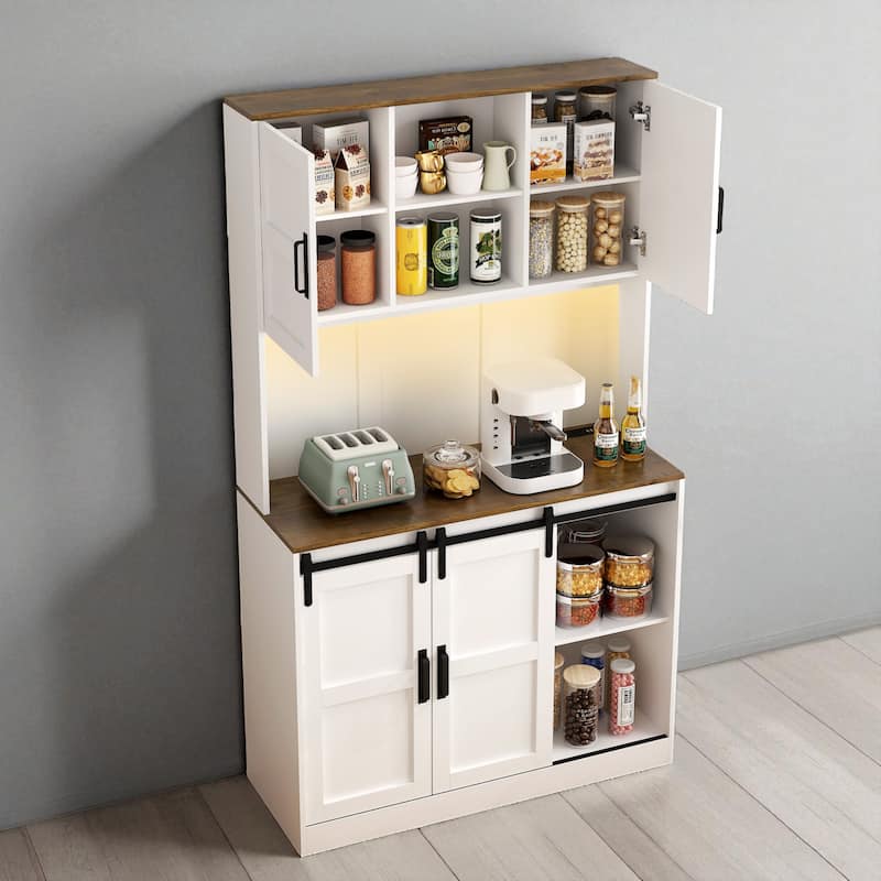 72" Farmhouse Bar Cabinet with Sliding Barn Door, Storage Sideboard with USB & AC Ports, Rustic Kitchen Buffet