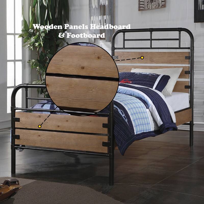 Twin Panel Bed with Metal Frame, Wooden Panels and Low Profile Footboard