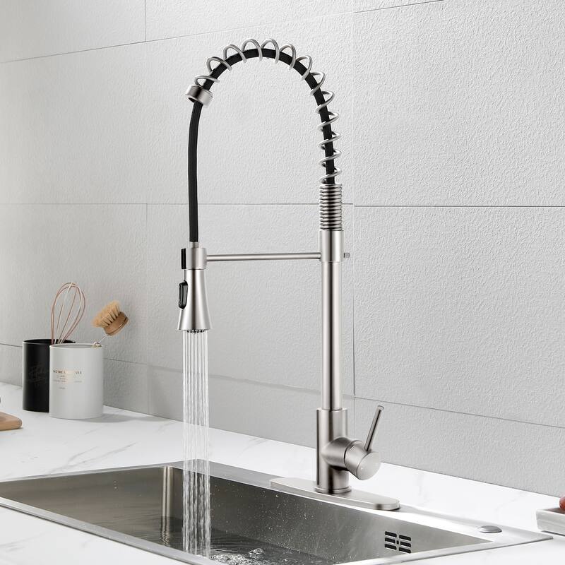 Modern Single Handle Pull-Down Kitchen Faucet with Deck Plate, 2-Function Sprayer