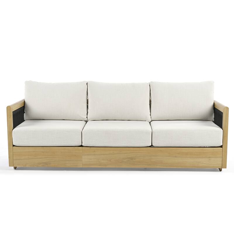 Overture 3-Person Natural Wood Grain Aluminum Hand-Woven Rope 3-seater Patio Sofa Chair with Beige Cushions