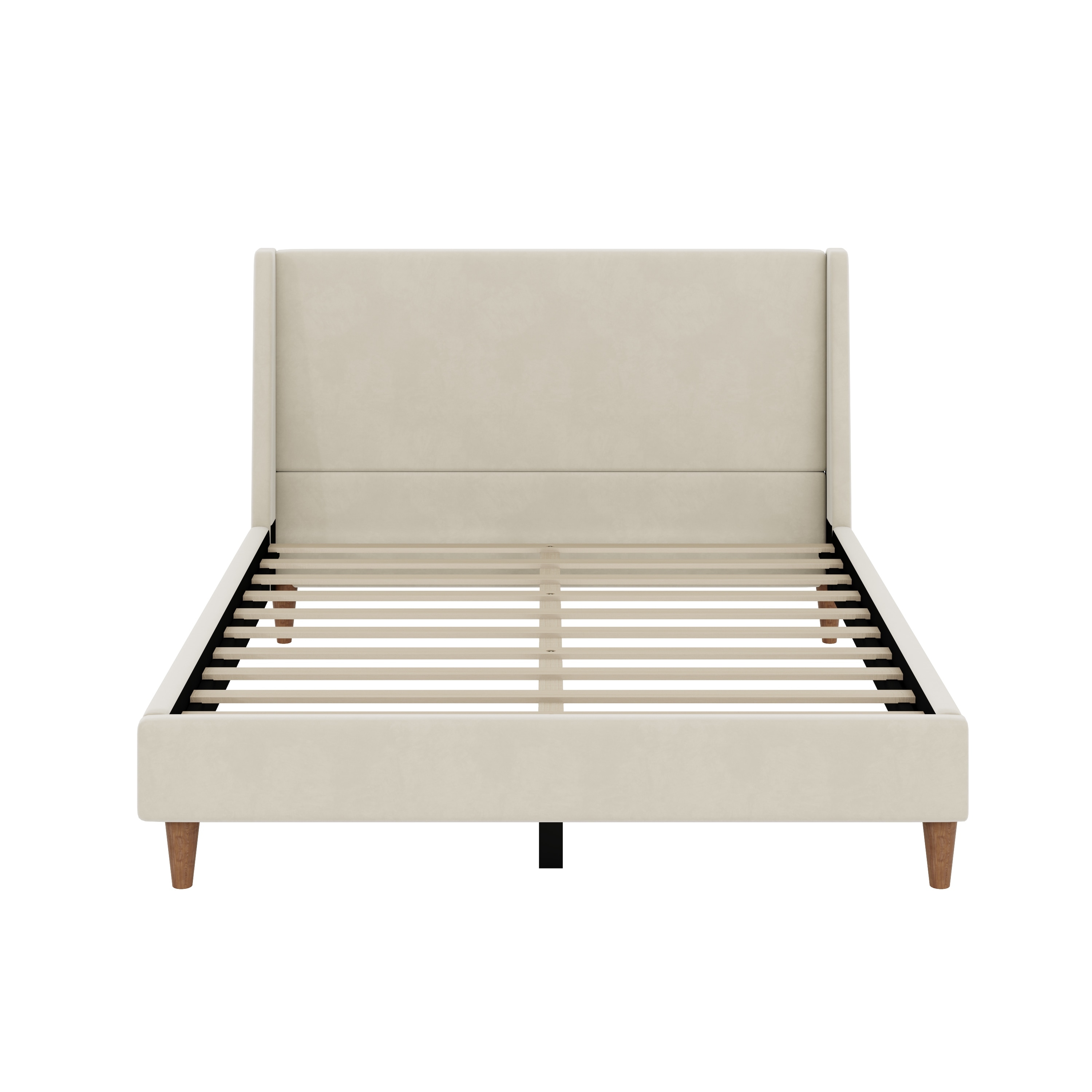 Modern Cream Velvet Upholstered Platform Bed with Wingback Headboard and Walnut Wooden Legs