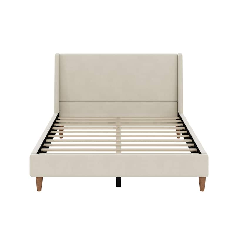 Wingback Low Platform Bed with Headboard, Round Legs