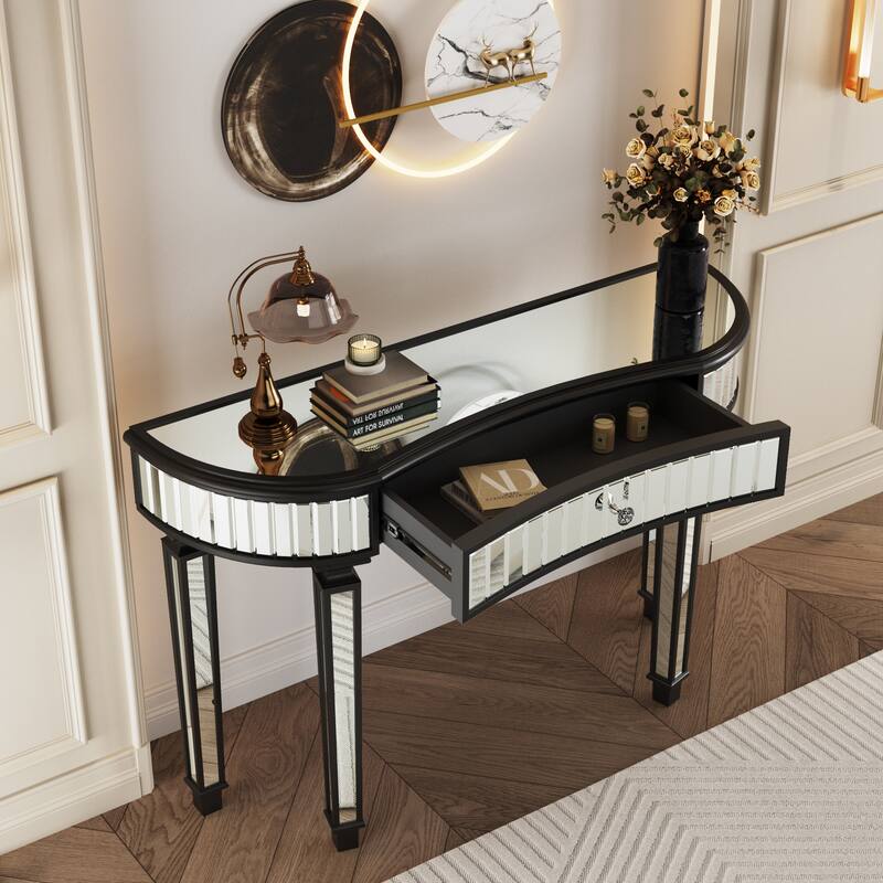 47 inch Half Moon Mirrored Console Table Fluted Glass Crystal Knob Drawer Silver Gold