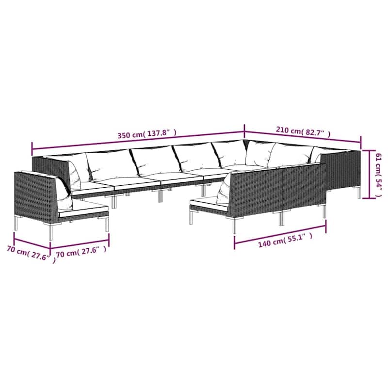 vidaXL Patio Lounge Set Outdoor Sectional Corner Sofa Poly Rattan Dark Grey - 27.6" x 27.6" x 24"