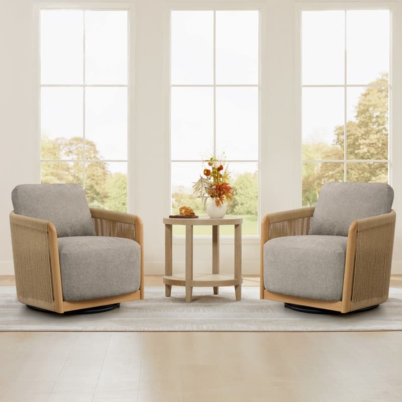 Spruce & Spring Boho Braid Swivel Accent Chair with Woven Paper Rope Armrests&Wood-Look Metal Frame - Set of 2 - Mink