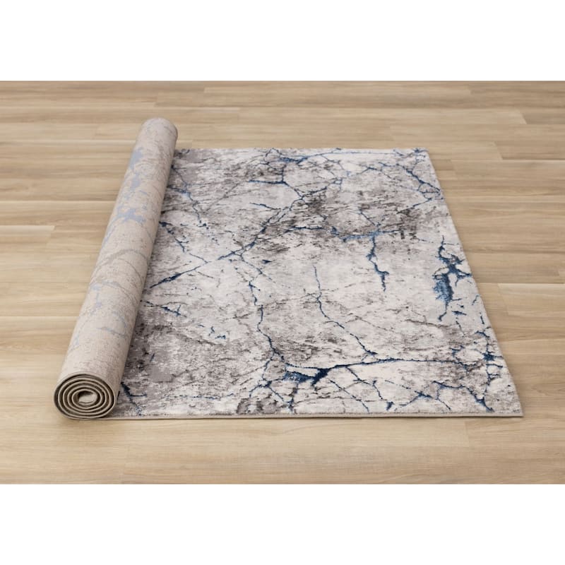 Blue Grey White Cracked Design Soft Polyester Rug