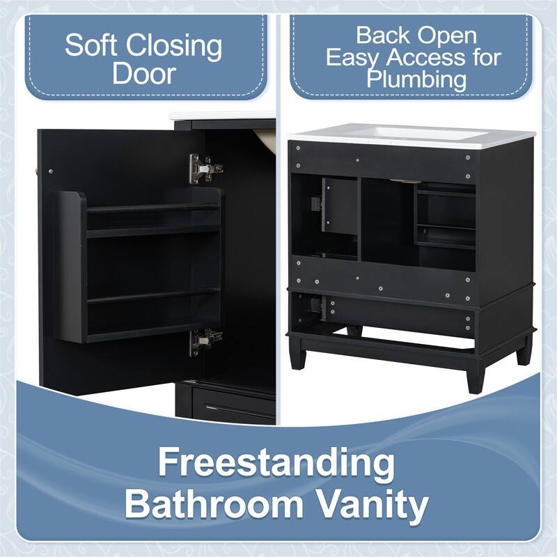 30" Bathroom Vanity with Ceramic Sink, Freestanding Bathroom Vanity Cabinet w/ 3 Storage Drawers, 1 Soft Close Door & Door Shelf