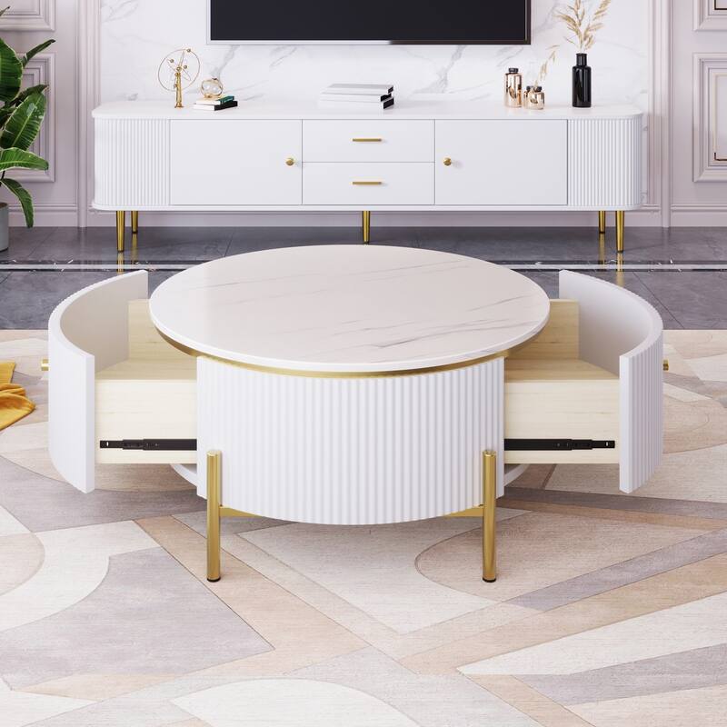 Roomfitters Modern Round Coffee Table with Storage, Gold Metal Legs, White Marble Top, 2 Hidden Compartments 31.5"