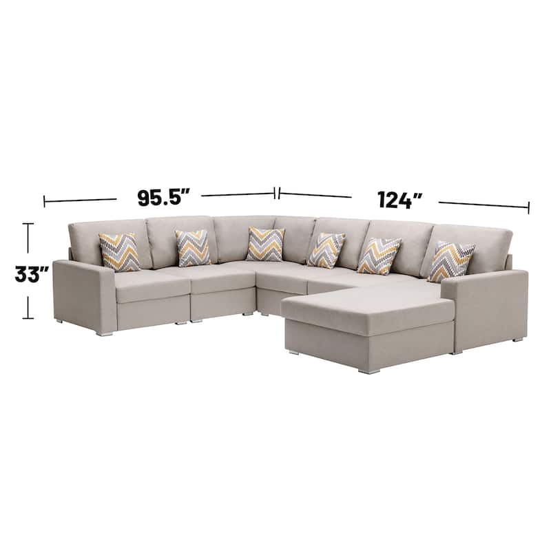 Linen Fabric 6 Piece Reversible Chaise Sectional Sofa with 6 Pillows and Interchangeable Legs