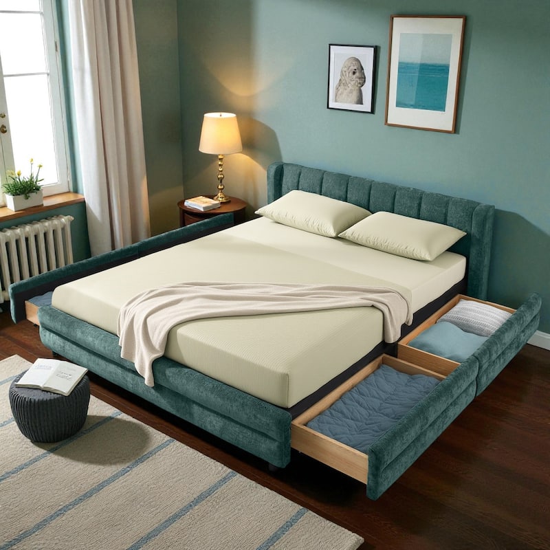 Queen Size Upholstered Bed Frame with Chenille Headboard and Underbed Storage Drawer, Solid Platform Design