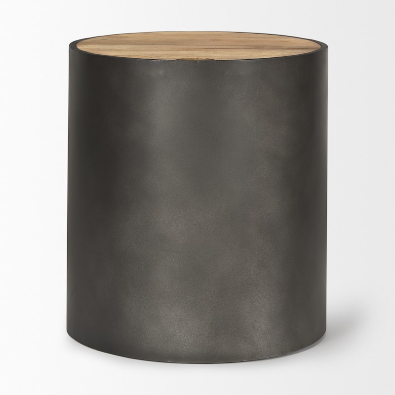 Eclipse Gunmetal Grey Drum Base w/ Medium Brown Solid Wood Top End Table