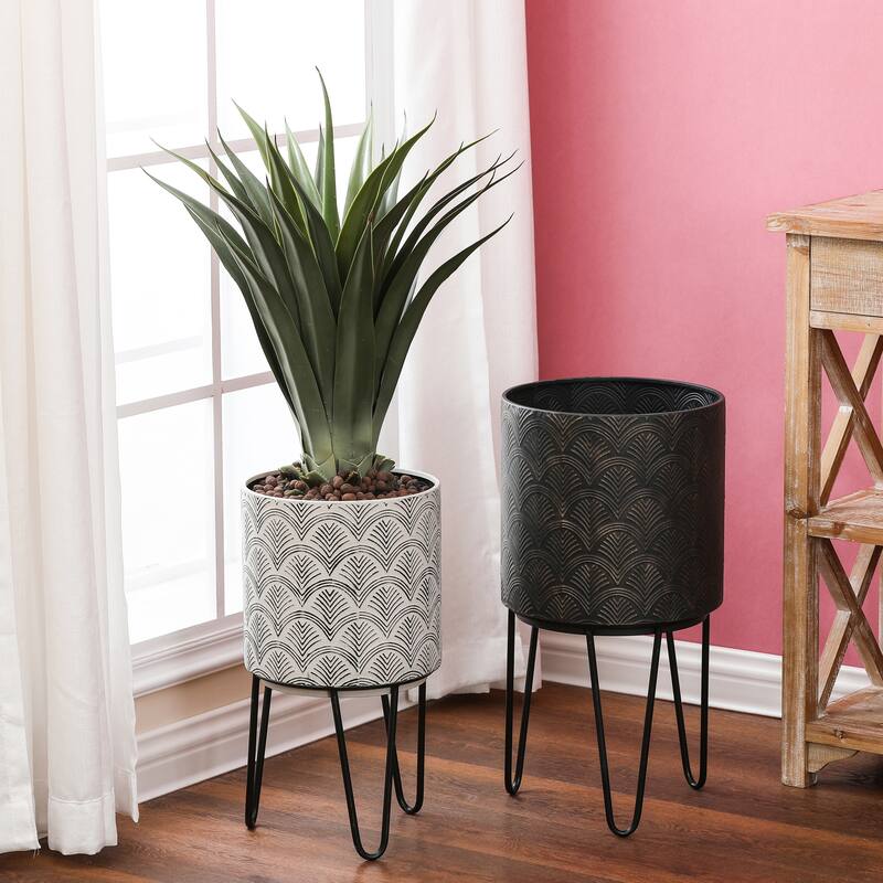 Fanned Black and Off White Metal Cachepot Planters with Black Metal Stand (Set of 2)