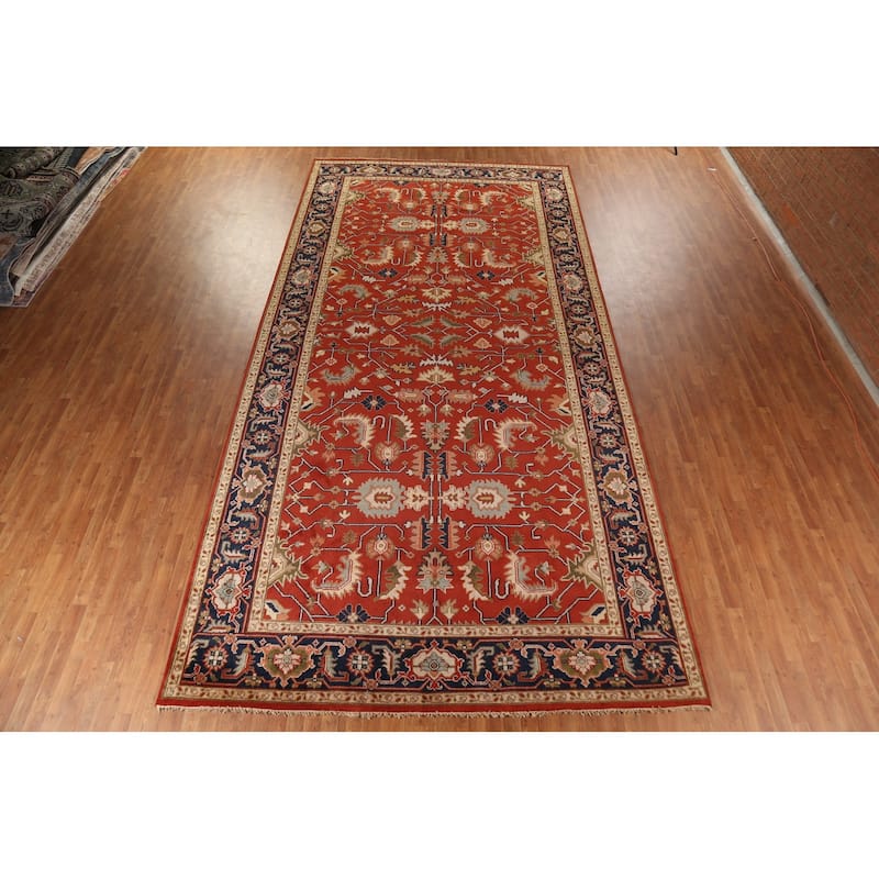 Floral Heriz Serapi Indian Large Area Rug Hand-Knotted Wool Carpet - 8'11"x 17'11"