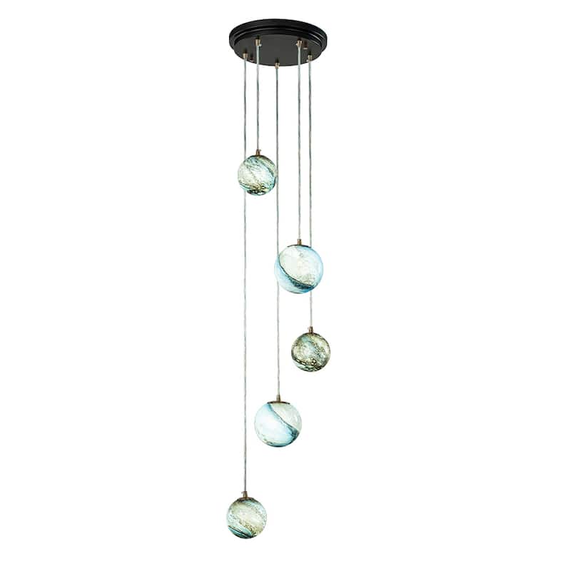 12'' 5-Light Modern Glazed Glass Globe Staircase Chandelier Coastal Handcrafted Glass Pendant In Matte Black - W12'' - W12'' - Matte Black
