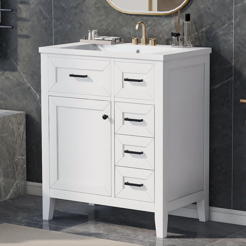 30 inch Freestanding Bathroom Vanity Set in White with Integrated Ceramic Sink - 30'' x 18''