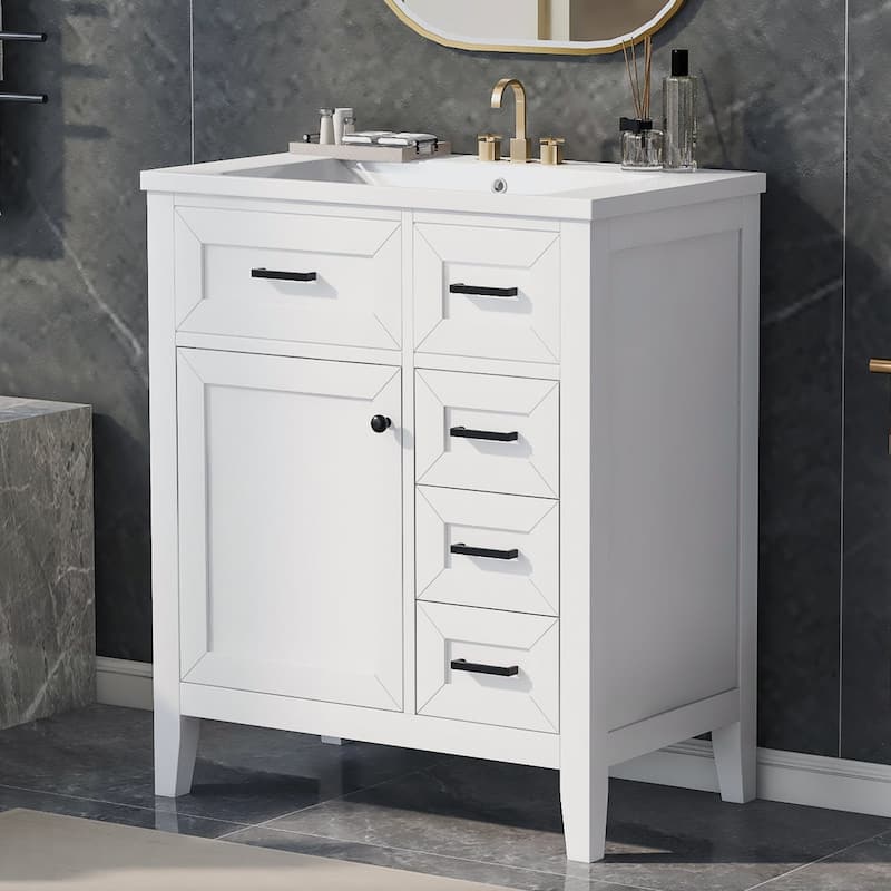 30 inch Freestanding Bathroom Vanity Set in White with Integrated Ceramic Sink - 30'' x 18'' - 30'' x 18'' - White