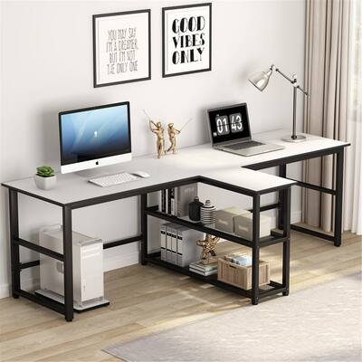 Double Desk Extra Long Computer Desk, Extra Long Two Person Desk with Storage Shelves