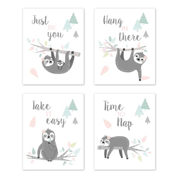 slide 2 of 6, Sweet Jojo Designs Pink Grey Jungle Sloth Leaf Wall Decor Art Prints (Set of 4) - Blush Turquoise Gray Green Tropical Rainforest