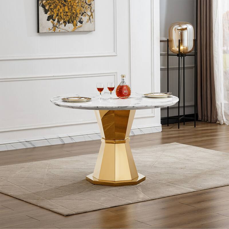 47" Round Dining Table with Faux Marble Tabletop and Stainless Steel Base - Gold+White
