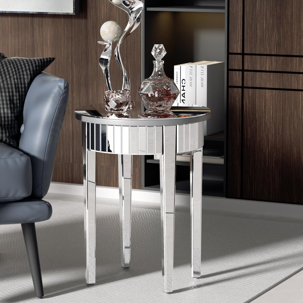 Round Silver Nightstand Coffee End Table Mirrored - 18" W x 24" H