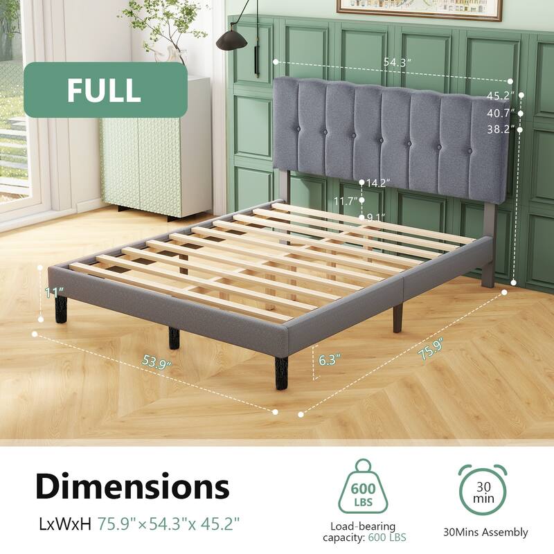 Twin Bed Frame Upholstered Platform with Headboard and Strong Wooden Slats,No Box Spring Needed, Easy Assembly