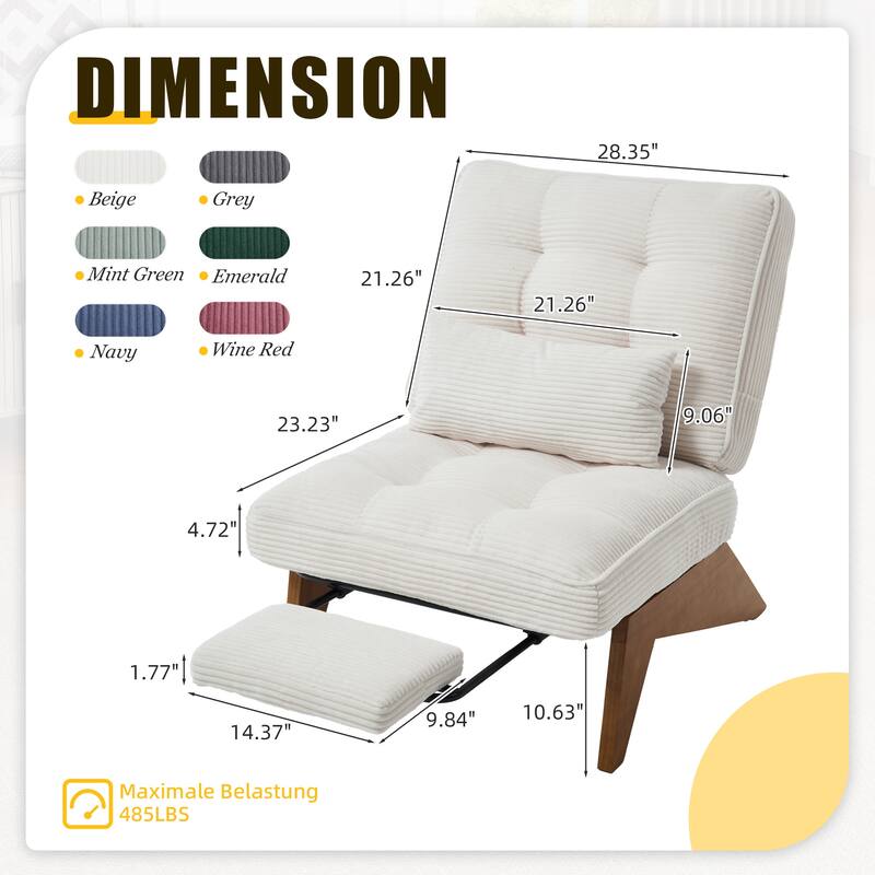 HOMEFUN Upholstered Modern Multi-Position Adjustable Wooden Base Lounge Chair with Footrest and Lumbar Pillow