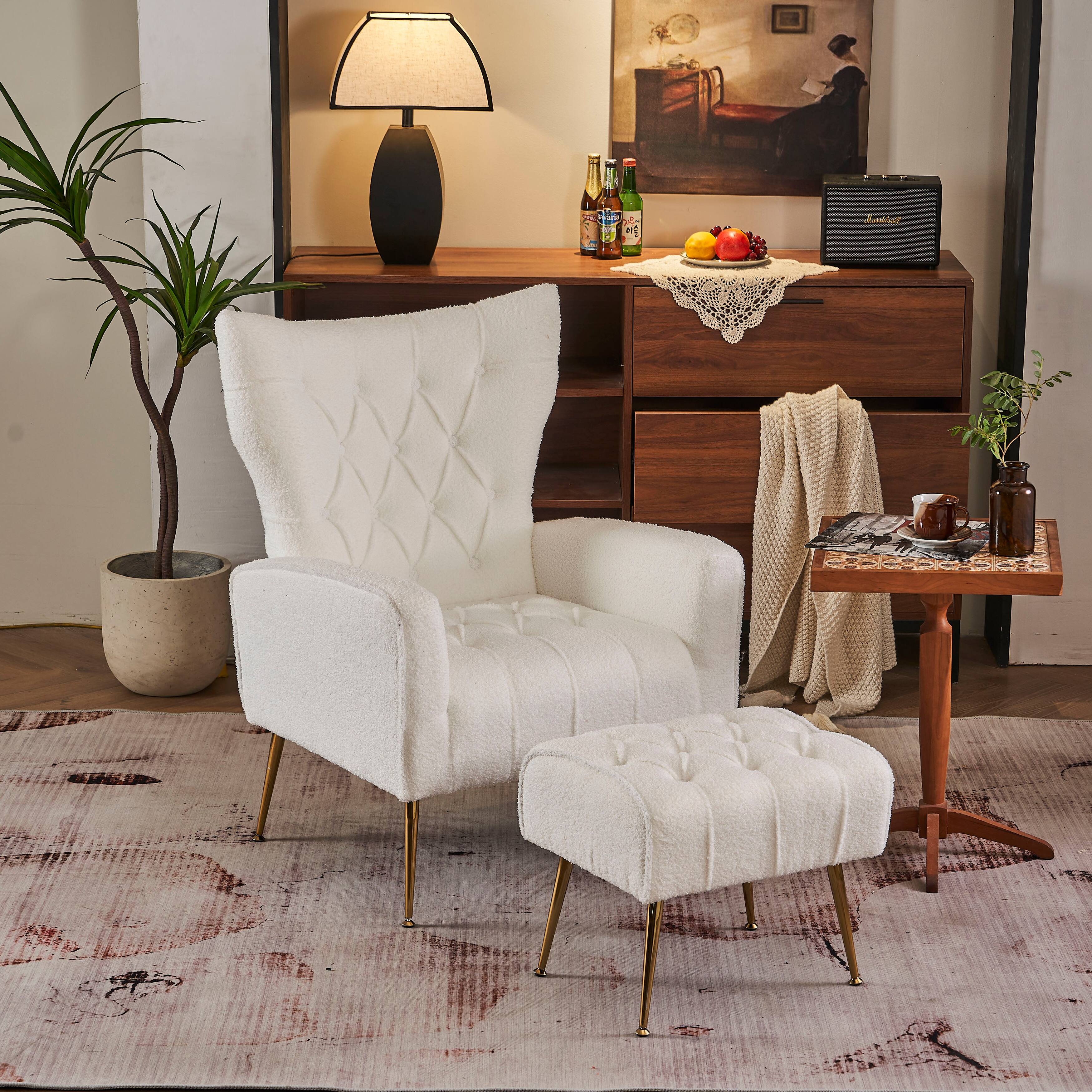 Retro Style Accent Chair with Ottoman, Comfy Armchair Bed Bath & Beyond 39974459