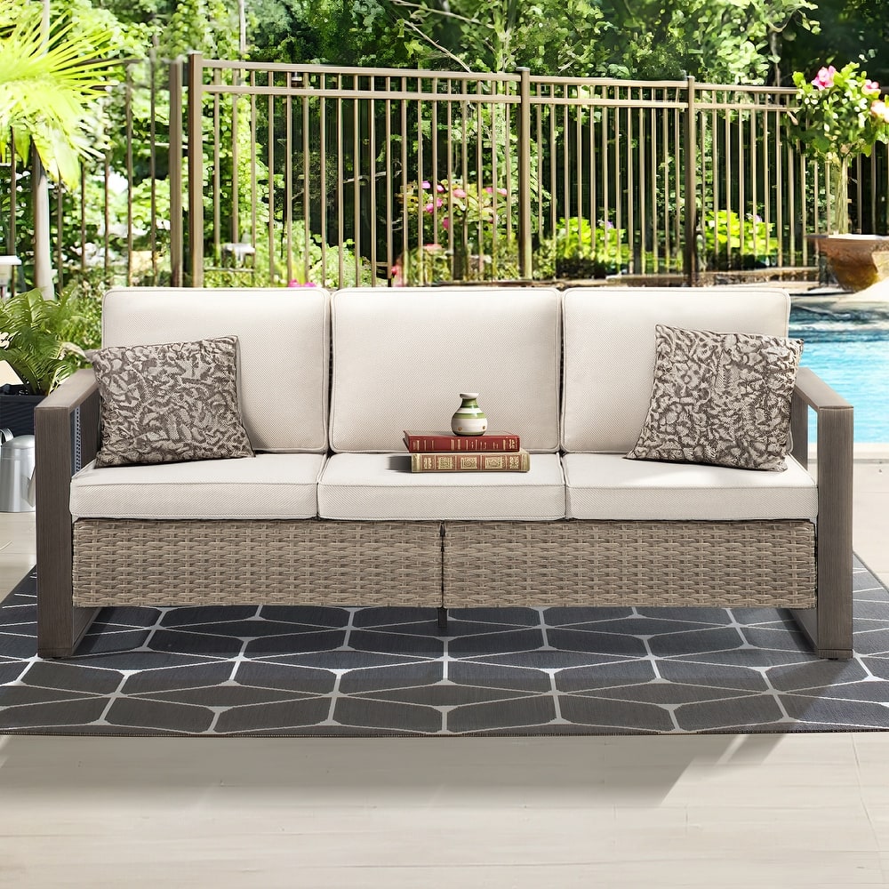 Cozywor Wicker Outdoor Patio Sofa Steel Frame with Beige Cushions