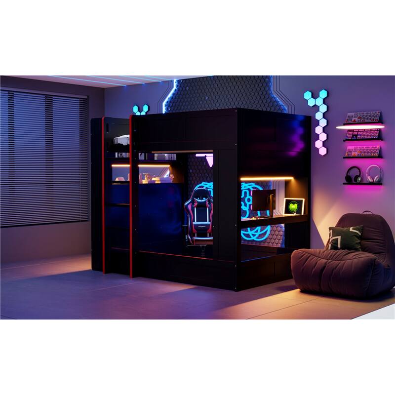 Roomfitters Full Size Gaming Bunk Bed with Desk, Storage Shelves, LED and Charging Station, Black