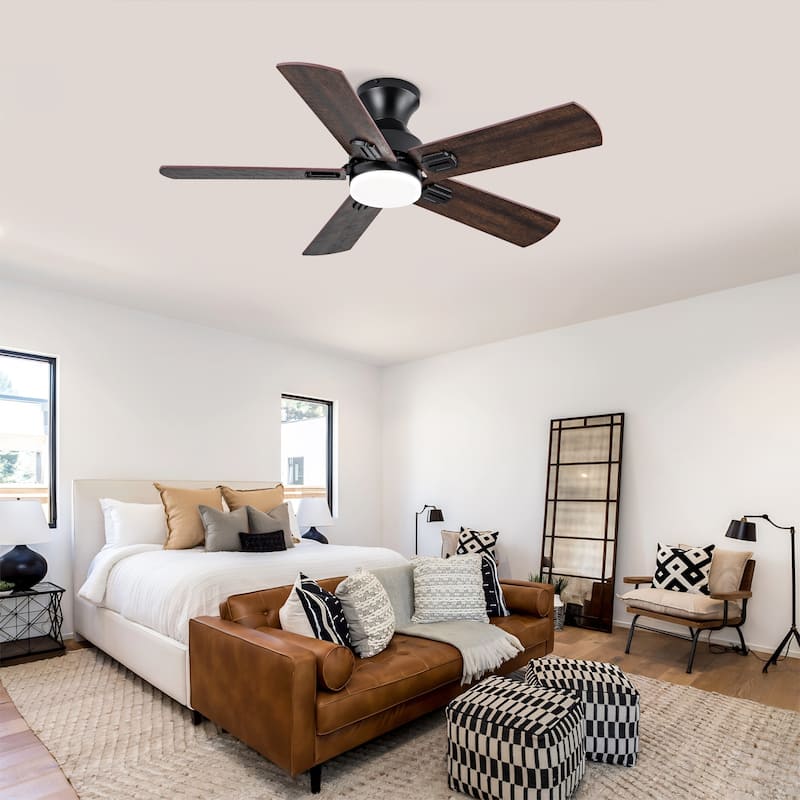 Ceiling Fans with Lights, 42 inch Low Profile Ceiling Fan with Light and Remote Control, Flush Mount, Reversible - Black