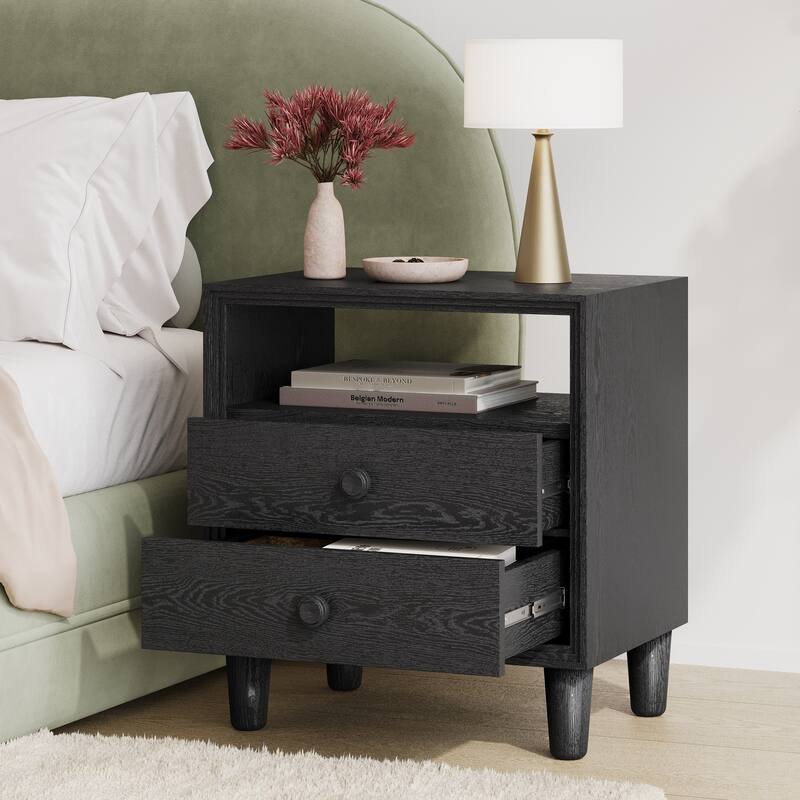 Christopher Knight Home - Modern Wood Nightstand with Open Shelf and 2 Drawers - Black