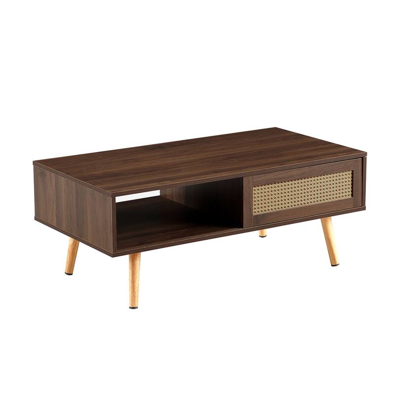 Anmytek Rattan Coffee Table with Storage Modern Walnut Living Room Centerpiece Organizer