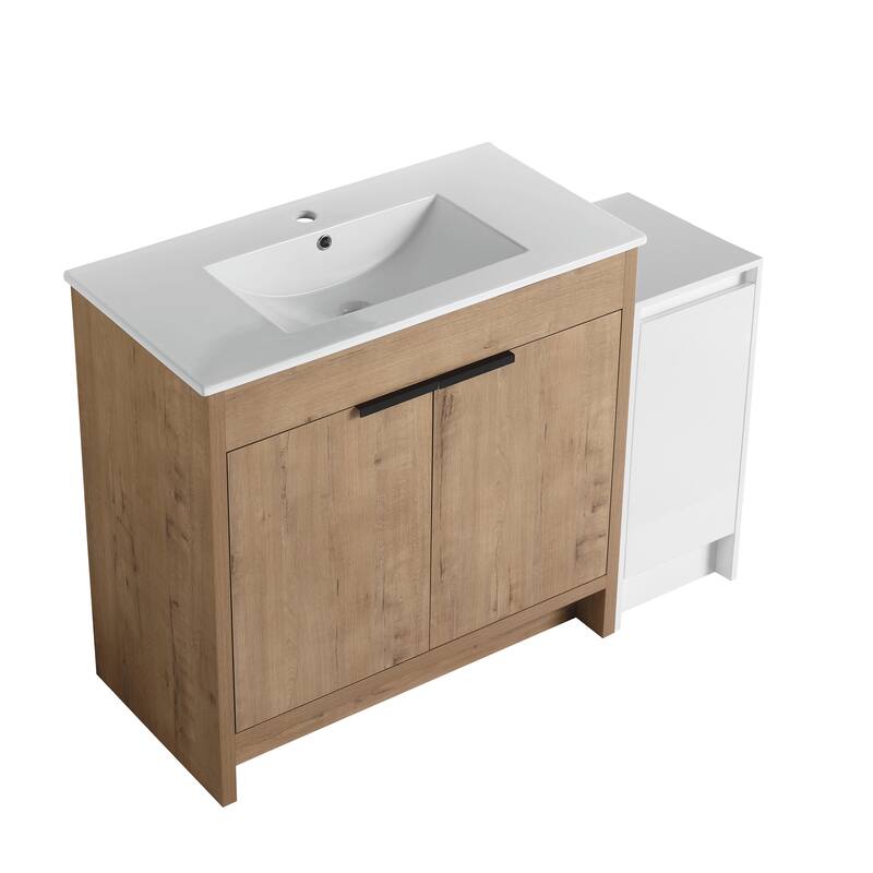 72" Freestanding Bathroom Vanity Set with Adjustable Storage Cabinets, Black Ceramic Sink - 47.7 in W Plywood - 47.7 in W Glossy White,Imitative Oak
