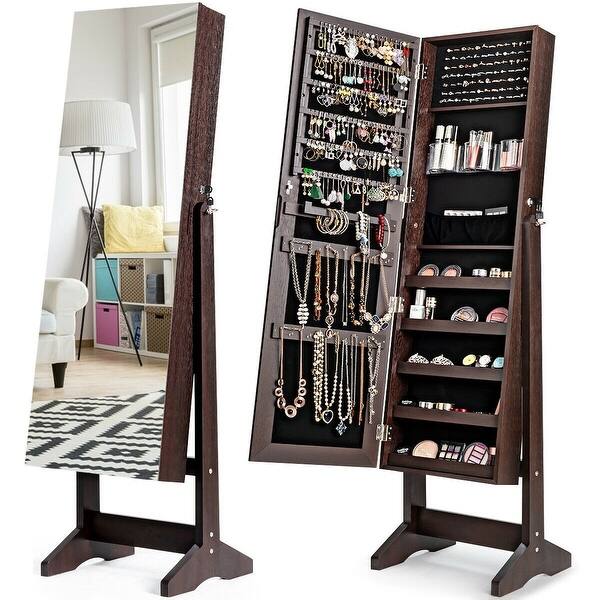 Standing Jewelry Armoire Cabinet With Full Length Mirror Overstock 32262283 Brown Cheval mirror floor standing jewelry armoire cabinet locks black every woman needs a proper jewellery armoire. standing jewelry armoire cabinet with