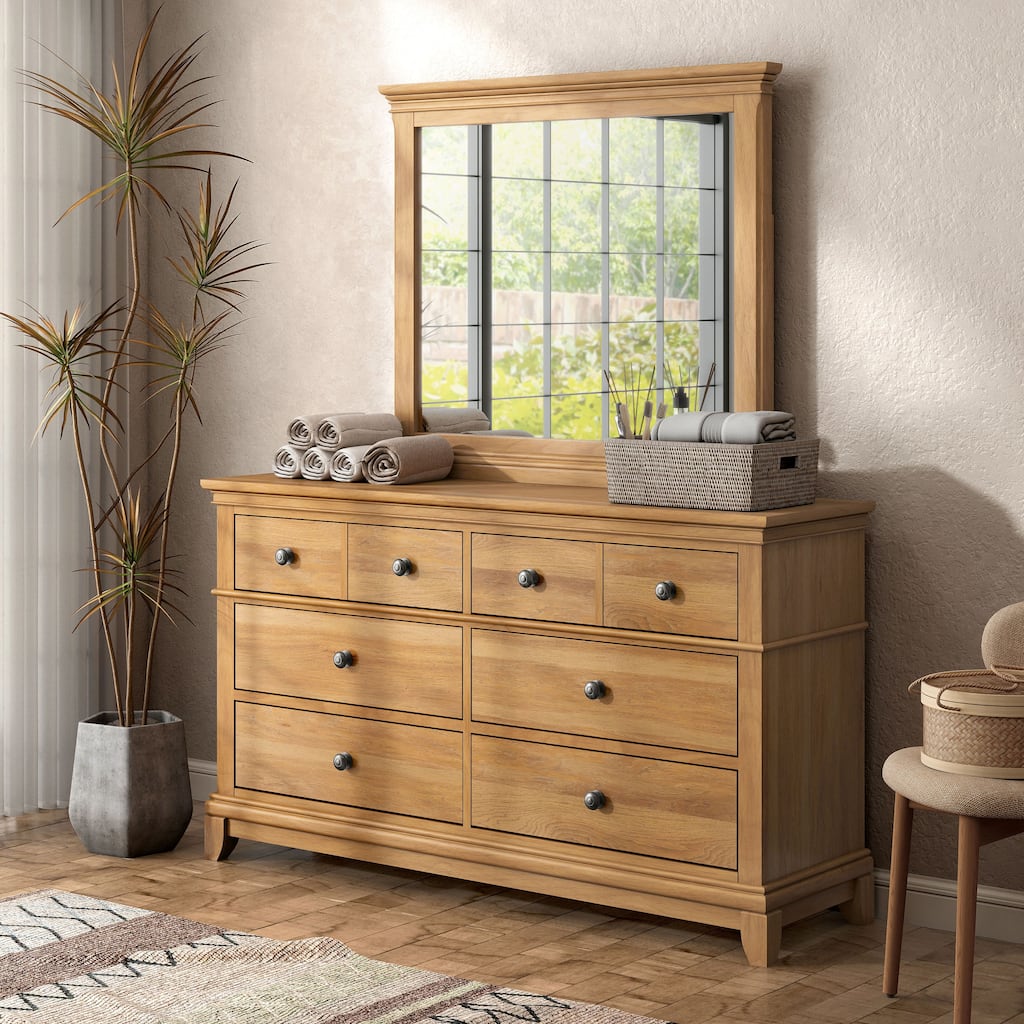 Furniture of America Wellington Farmhouse Natural Oak Wood 6-Drawer 2-Piece Dresser and Mirror Set