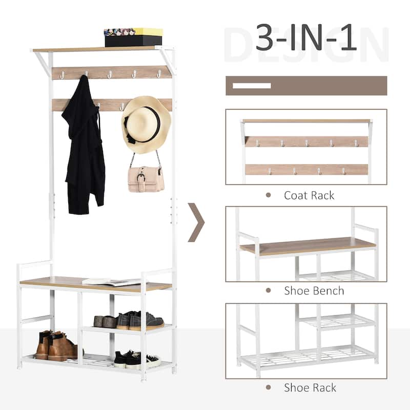 HOMCOM Hallway Tree Bench Organizer with 9 Coat Hooks, Large Sitting Bench and 3 Open Shelves for Entryway