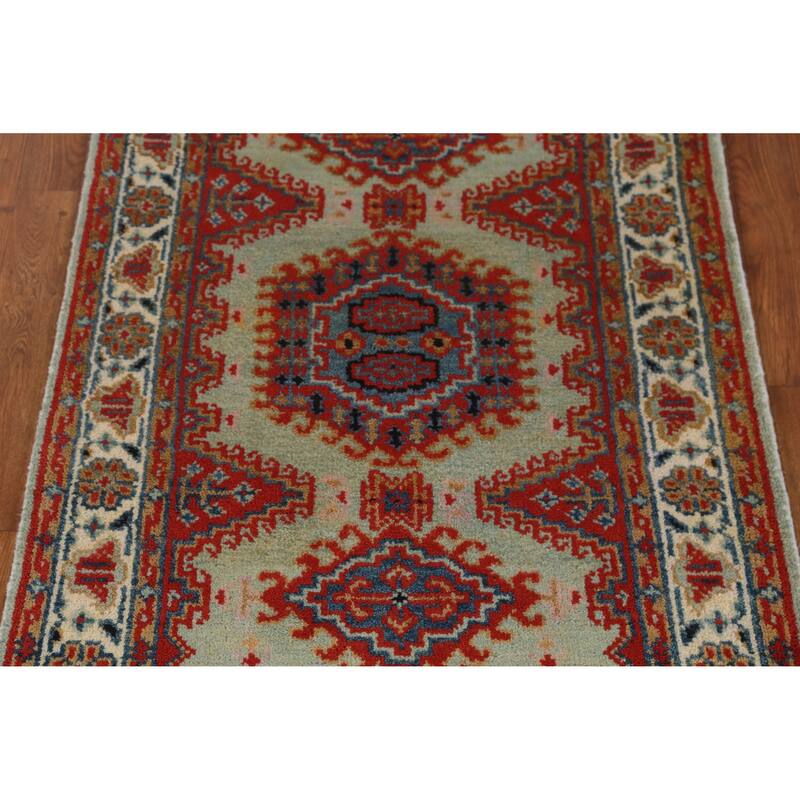 Green Geometric Viss Indian Rug Hand-Knotted Wool Carpet - 2'11" x 5'2"