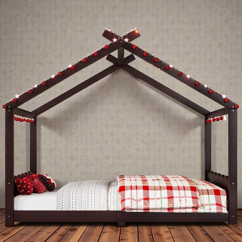 Kids Solid Wood House Floor Bed with Support Slats, Montessori Low Profile Bed, No Box Spring Needed - Espresso - Full