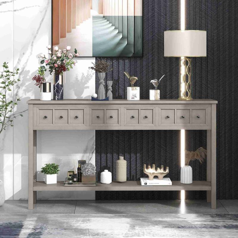60"L Rustic Entryway Console Table, Long Sofa Table with Drawers and Bottom Shelf for Storage - Grey Wash
